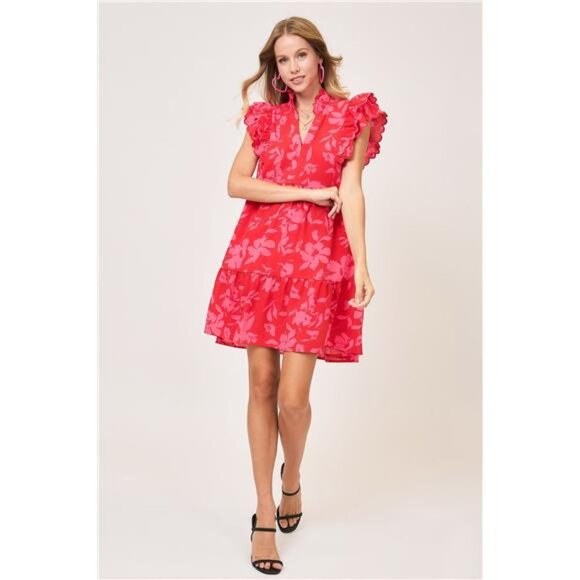 NWT Umgee Full Size Two Tone Floral Print Ruffle Cap Sleeve Mini Dress Plus Size - Picture 3 of 7